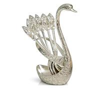 Creative Swan Design Coffee Stirring Spoon Set, Decorative Gold Swan Base Holder with 6 PCS Coffee Spoon Set, Zinc Alloy Swans Shape Holder for Coffee Fruit Dessert Ice Cream Cake (Silver)