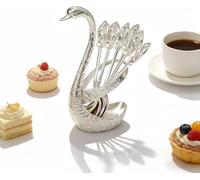 Creative Swan Design Coffee Stirring Spoon Set, Decorative Gold Swan Base Holder with 6 pcs Coffee Spoon Set, Zinc Alloy Swans Shape Holder for Coffee Fruit Dessert Ice Cream Cake (Silver)