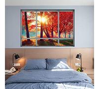 Creative Three-Dimensional 3D Fake Window Wall Stickers Autumn Scenery Red Leaves Landscape Stickers Living Room Decoration