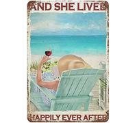 Creative Tin Sign Vintage Metal Tin Sign Funny and She Lived Happily Ever After Book and Wine On Beach Valentine's Day Sign Funny Bar Club Garage Home Decor Wall Art Tin Signs 8x12 inch