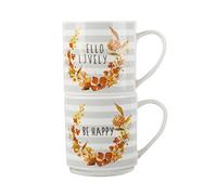 Creative Tops 5199942 “Be Happy” and “Hello Lovely” 2-Piece Set of Fine china Stacking Mugs, 8.5 x 12 x 9 cm (3.5” x 4.5” x 3.5”), Grey