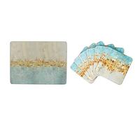 Creative Tops 'Golden Reflections' Printed Rectangular Cork-Backed Placemats, 30 x 22.75 cm - Gold & PREMIUM 5226090 'Golden Reflections' Printed Square Cork-Backed Drinks Coasters, 10.5 cm - Gold