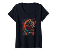 Creative Vibrant Pop Art Face for Artistic Souls V-Neck T-Shirt, Women, Black, XXL