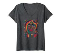 Creative Vibrant Pop Art Face for Artistic Souls V-Neck T-Shirt, Women, Dark Heather Grey, S