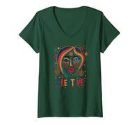 Creative Vibrant Pop Art Face for Artistic Souls V-Neck T-Shirt, Women, Forest Green, L