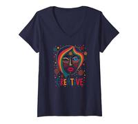Creative Vibrant Pop Art Face for Artistic Souls V-Neck T-Shirt, Women, Navy, XXL