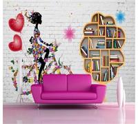 Creative White Brick Wall Bookshelf Girl 3D Wallpaper Easy Install Feature Office Living Room Sofa Bedroom TV Background Wall Decoration-400cm×280cm