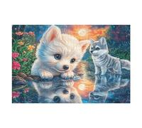 Creative White Kitten Husky Cub Reflection Wildlife Beautiful 1000 Piece Adult Jigsaw Puzzle Fun Engaging Stimulating Perfect Hobby for Family Or Friends 1000 PCS（75x50cm）