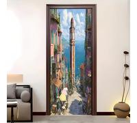 Creativity Door Stickers for Interior Doors 95x215 cm Romantic Seaside Town Waterproof Self-Adhesive Murals Wallpaper Peel-and-Stick Door Wraps Light Blue for Door Wall Decor Bathroom Toiletfor
