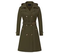 CREATMO US Women's Long Trench Coat Double-Breasted Classic Lapel Overcoat Belted Slim Outerwear Coat with Detachable Hood, Army Green, XS
