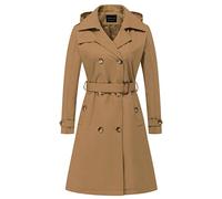 CREATMO US Women's Long Trench Coat Double-Breasted Classic Lapel Overcoat Belted Slim Outerwear Coat with Detachable Hood, Camel, S