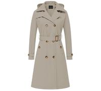 CREATMO US Women's Long Trench Coat Double-Breasted Classic Lapel Overcoat Belted Slim Outerwear Coat with Detachable Hood, Apricot, L
