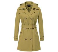 CREATMO US Women's Trench Coat Double-Breasted Classic Lapel Overcoat Belted Slim Outerwear Coat with Detachable Hood, Olive Yellow, Small, CMU-FY276