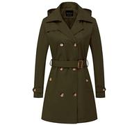 CREATMO US Women's Trench Coat Double-Breasted Classic Lapel Overcoat Belted Slim Outerwear Coat with Detachable Hood, Army Green, XS