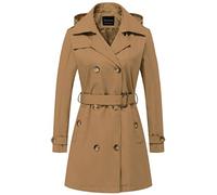 CREATMO US Women's Trench Coat Double-Breasted Classic Lapel Overcoat Belted Slim Outerwear Coat with Detachable Hood, Camel, XS