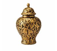 CreatoHundreds Ornamental Vase Ceramic Ginger Jar With Lid Relief Floral Scroll Detailing Finial Antique Golden Patina Complements Traditional Rooms, size to 2, European Vintage Style