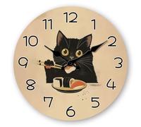 CreatoHundreds Wall Clock Classic Round Wooden Analog Clock With Big Numerals Silent Sweep Second Grain Panel Easy To Install Suitable for living room study bedroom office, 35 35, Cat Eating Sushi