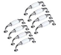 Creatwls Kitchen Cupboard Cabinet Door Handle White Ceramic Pulls Furniture Dresser Decorative Chrome-Plated Knob Bow Handle Furniture Fitting Handles, 8 pcs, Single Hole, Hole Centers 3.78"