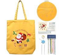 CREAWONDER Canvas Tote Bag Embroidery Kit with Pattern for Beginners, Arts and DIY Embroidery Crafts Kits for Adults, Instructions, Embroidery Hoops, Color Threads (Yellow, CR002 SantaClaus)