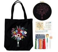 CREAWONDER Canvas Tote Bag Embroidery Kit with Pattern for Beginners, Arts and DIY Embroidery Crafts Kits for Adults, Instructions, Embroidery Hoops, Color Threads (Black, CR002 qingfengnuanyang)