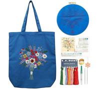 CREAWONDER Canvas Tote Bag Embroidery Kit with Pattern for Beginners, Arts and DIY Embroidery Crafts Kits for Adults, Instructions, Embroidery Hoops, Color Threads (darkblue, CR002 qingfengnuanyang)