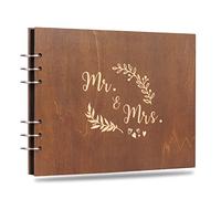 Creawoo 8.5’’ Mr&Mrs Wooden Guest Book Album Memory Keepsake for Wedding Anniversary Birthday with 80 Pages Blank Black Cardstocks - Love Story Scrapbook