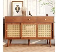 Credenza with 3 Ders & 3 Sliding Doors, Rattan-Woven Front, Wooden Legs, d Metal Handles, Shelves, Walnut h - Perfect for Modern Living Spaces.