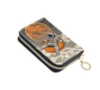 Credit Card Holder Astronaut Sitting in Orange Cushion Floating in The Sky at Sunset Small PU Leather Zipper Card Case Wallet for Women