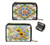 Credit Card Holder, DIY Diamond Art Painting Zipper Credit Cards Wallet for Women Accordion Card Cases Holder Keychain Wallet-2PCS-Flower