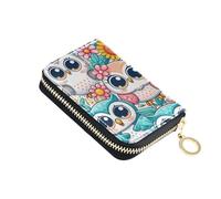 Credit Card Holder Little Cute Owl and Flowers Small PU Leather Zipper Card Case Wallet for Women