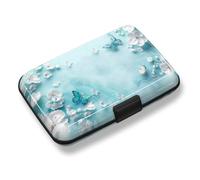 Credit Card Holder, Mini RFID Small Aluminum Card Wallet, Blocking Slim Metal Business Card Case, RFID Blocking Front Pocket Wallet Hard Case Durable CC Holder for Women Girls, Green Teal Butterfly