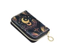 Credit Card Holder Mystic Astrology Magic Occult Symbol Around Moon Small PU Leather Zipper Card Case Wallet for Women