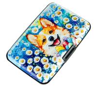 Credit Card Holder RFID Blocking Wallet for Women Men Small Mini Metal Slim Hard Aluminum Business Card Case, Corgi with Daisies, S, Classic, Minimalist, American, Vintage