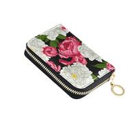 Credit Card Holder RFID Blocking Wallets for Women Leather Small Coin Purse Pouch with Zipper Pink White Peonies Floral