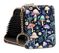 Credit Card Holder RFID Wallet, Small Card Holder Wallet for Women with Keychain Zipper, Funny Leather Print Credit Card Wallets Accordion Gift, Mushroom Blue, 4.3"D x 3.1"W x 1"H, Mushroom
