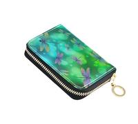 Credit Card Protector RFID Blocking Small Wallet Womens Leather Zipper Change Purse with Key Ring Dragonflies Green Bright Neon