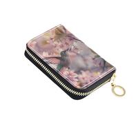 Credit Card Protector RFID Blocking Small Wallet Womens Zip Around Travel Wallet with Zipper Hummingbird Sipping Cherry Blossom