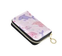 Credit Card Protector RFID Blocking Small Wallets for Women Leather Zipper Coin Purse with Key Ring Cute Cartoon Purple Pink Dolphins