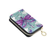 Credit Card Protector RFID Blocking Zip Around Wallet for Women Leather Travel Wallet with Zipper Vibrant Purple Dragonflies Green