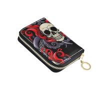 Credit Card Wallets RFID Blocking Small Wallets for Women Leather Coin Purse Wallet with Zipper Funny Skull Red Purple