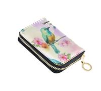 Credit Card Wallets RFID Blocking Wallet Womens Leather Small Coin Change Purse with Zipper Watercolor Birds Flowers Pink