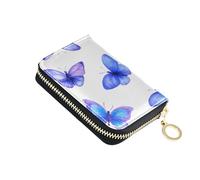 Credit Card Wallets RFID Blocking Women's Wallets Leather Zip Around Zipper Change Purse with Key Ring Watercolor Blue Purple Butterflies White