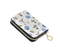Credit Card Wallets RFID Blocking Zip Around Wallet Womens Leather Zipper Travel Wallet with Key Ring Watercolor Green Birds Blue Floral