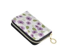 Credit Card Wallets RFID Blocking Zip Around Women Wallet Small Mens Wallet with Coin Pocket Purple Flora Flowers Leaves Beige