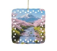 Cr herry Blossoms Ceramic Christmas Ornament Xmas Tree Hanging Pendant Double Sided Pattern Festive Square Ornament Holiday Home Party Decoration Gifts