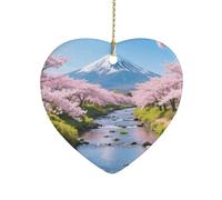 Cr herry Blossoms Ceramic Christmas Ornaments Double Sided Porcelain Hanging Heart Pendant for Xmas Tree, Holiday Home Decor and Gift Party Decorations