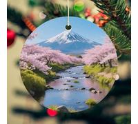 Cr herry Blossoms Christmas Ceramic Ornaments with Gold String - 2.8 Inch Round Double-Sided Porcelain Xmas Tree Decor for Fireplace Mantel, Farmhouse Winter Holiday Hanging Ornaments