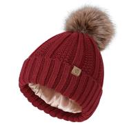 Creekstone Bobble Hat Satin Lined Beanie for Women Girls, Pom Pom Beanie, Warm Winter Hat Knit Hats with Faux Fur Pompom (UK, Alpha, One Size, Dark Red)
