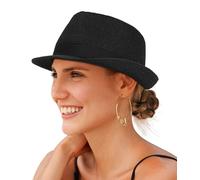 Creekstone Straw Fedora Sun Hat for Women Men Short Brim Panama Trilby Beach Hat Packable Summer Hat UPF 50+ (UK, Alpha, L, Black)