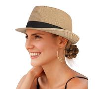 Creekstone Straw Fedora Sun Hat for Women Men Short Brim Panama Trilby Beach Hat Packable Summer Hat UPF 50+ (UK, Alpha, L, Khaki)